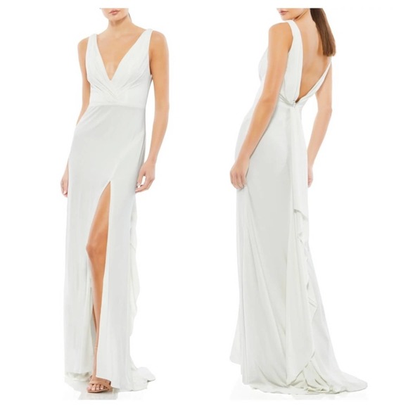 Mac Duggal Dresses & Skirts - MAC DUGGAL Cowl Back Surplice Knit Gown White Maxi Dress 6